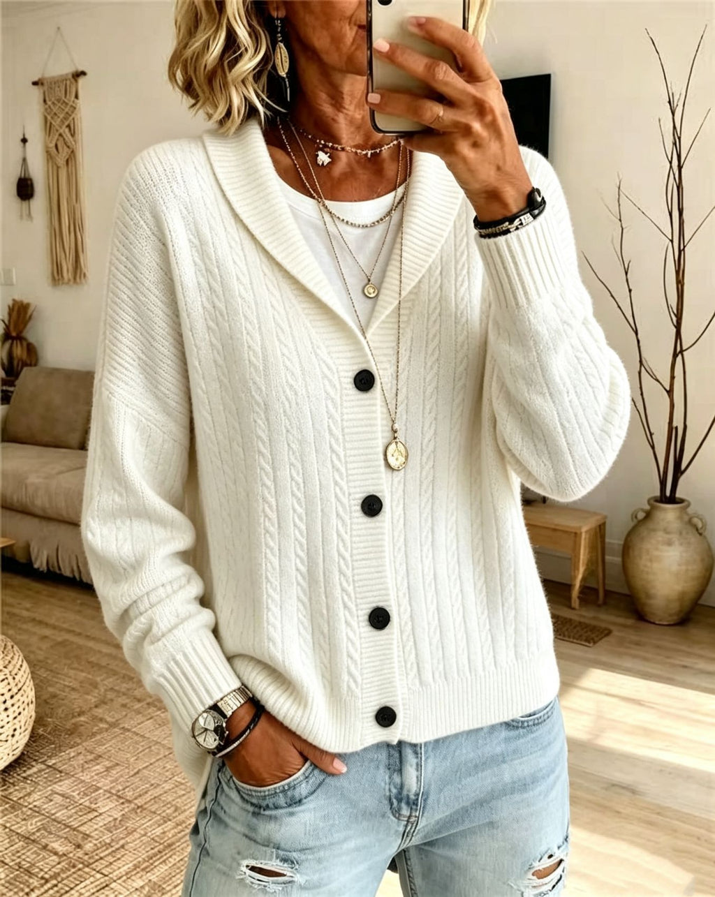 Cardigan à câbles en lapel de couleur solide