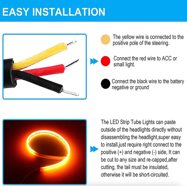2 X 60CM Slim Amber Séquentielle LED flexible DRL Tour bande de signal pour phare
