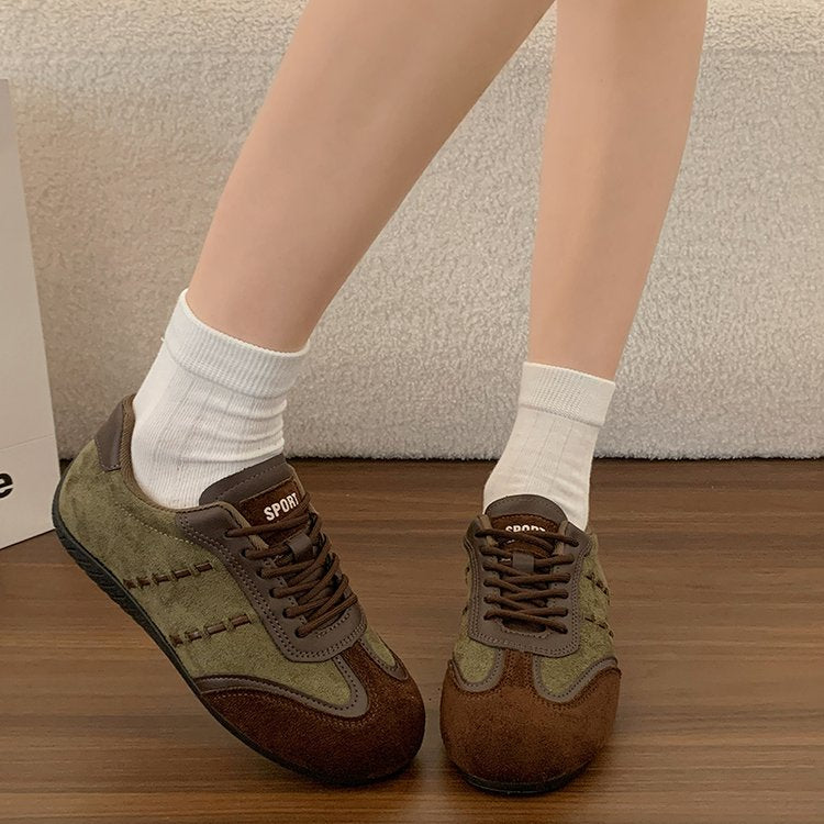 Femmes Retro Suede Mix Sneakers Color Block Pitching Détail Bas Top Dentelle Up Flat Trainers