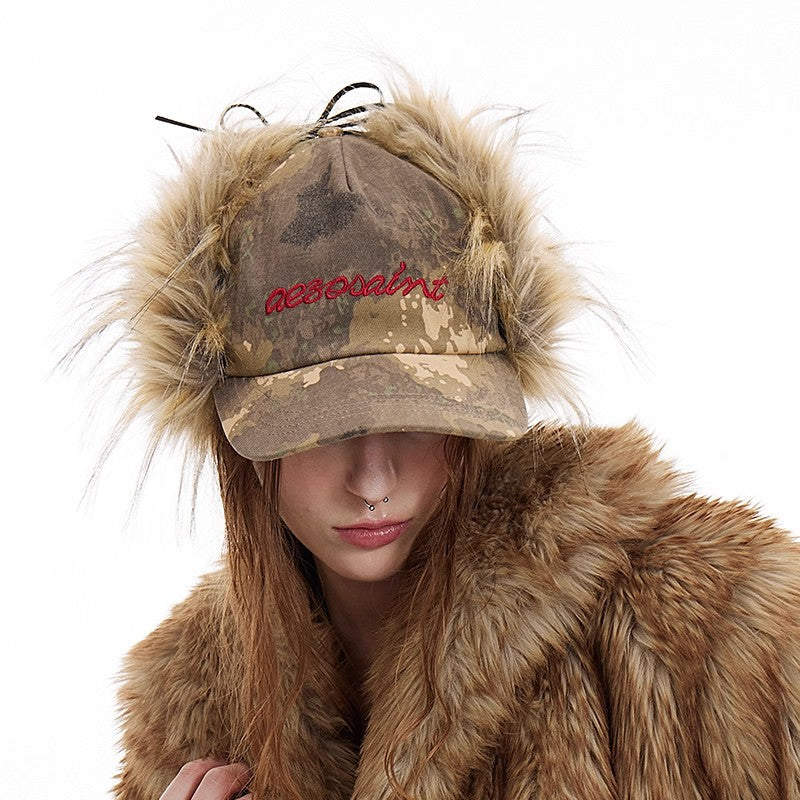 Camouflage Retro Broded Earflap Fur Casquette de baseball