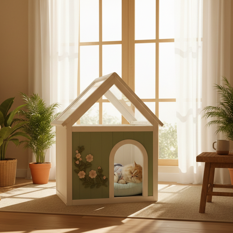 SAGE Cèdre certifié FSC Maison de chat intérieure avec toit en acrylique clair – Maison de chat en bois pour S