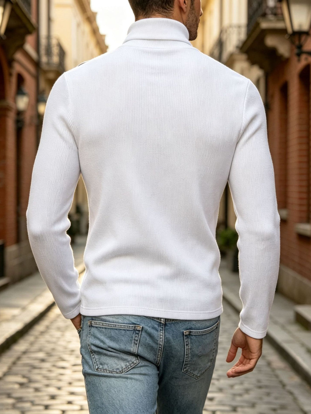 T-shirt de Texture à col haut pour homme de taille européenne avec boutons diagonaux