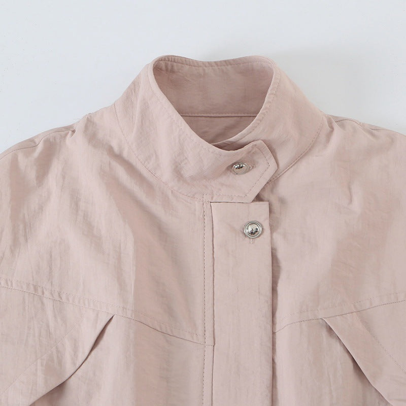 Veste d'automne de style Workwear Ceinture de mi-longueur Stand-collar Trench Coat