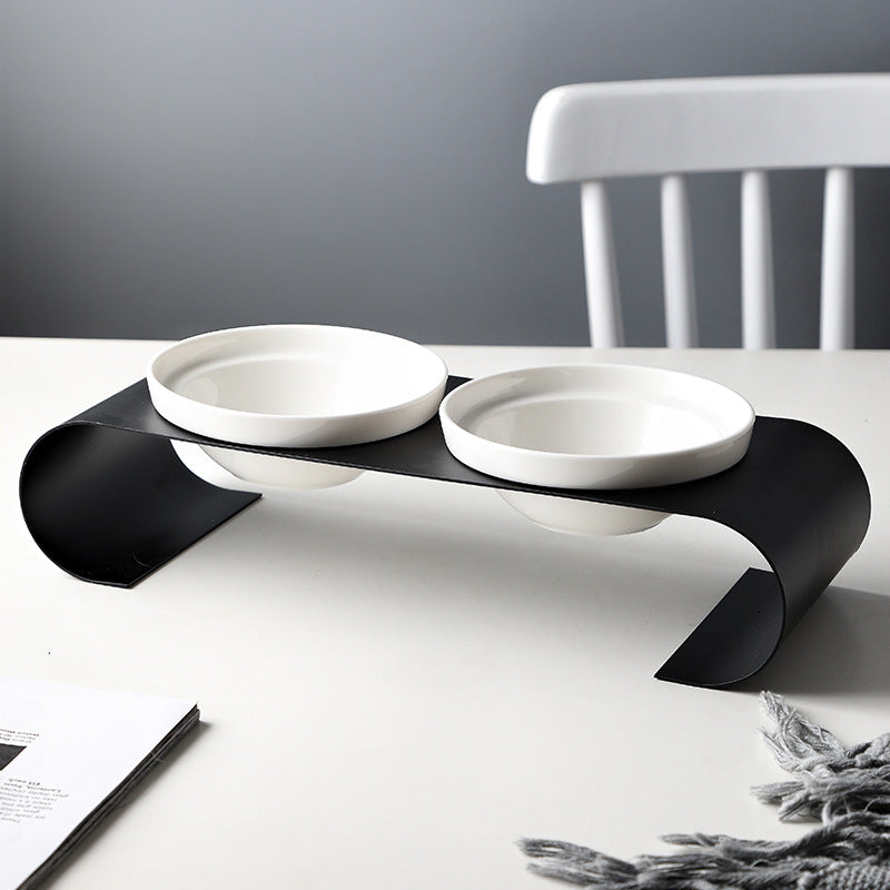 Double Bowl Dog Bowl Iron Frame Prote Spine Ceramic Bowl Set