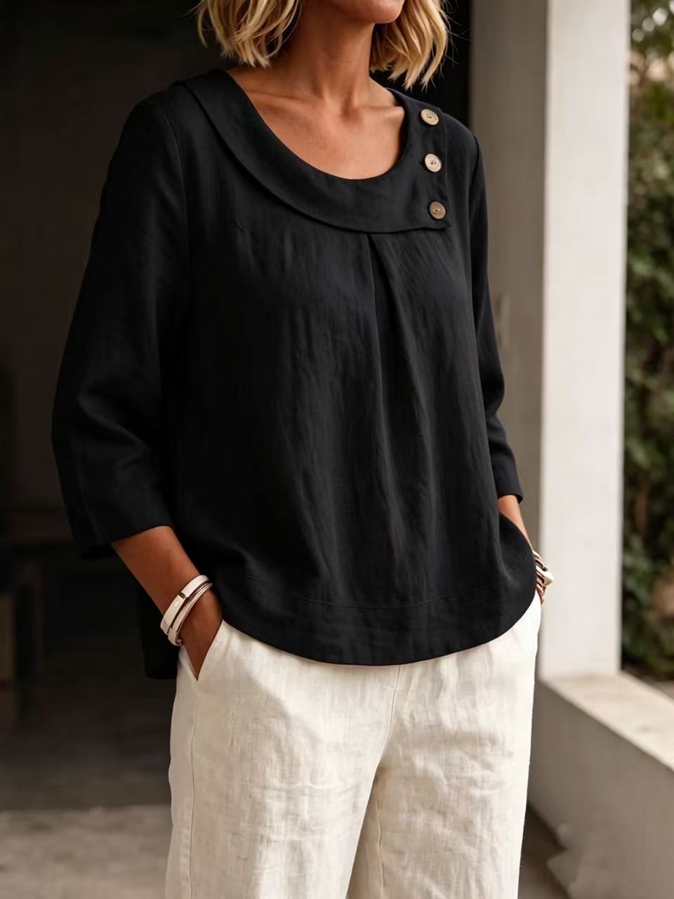 European And American Amazon Cotton and Line Casual Elegant Workwear Round Neck Shirt Loo