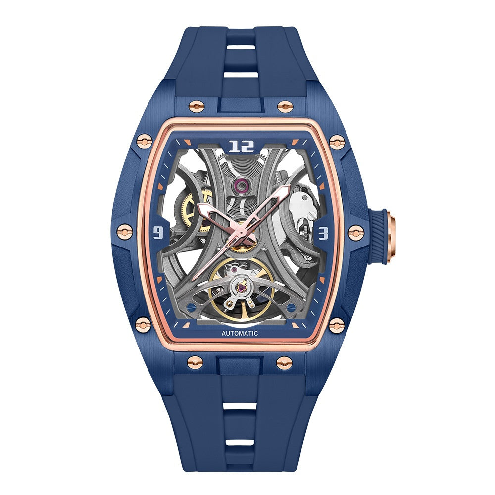 Montre en forme de barrique avec un boîtier en acier Mouvement automatique à squelette complet