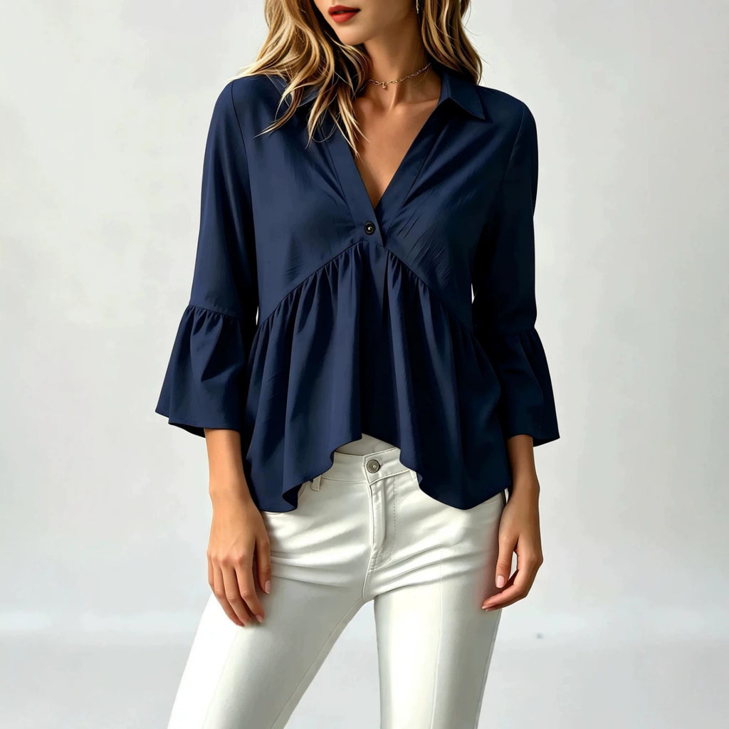 Chemise de couleur unie pour femmes avec un col et des manches volantes