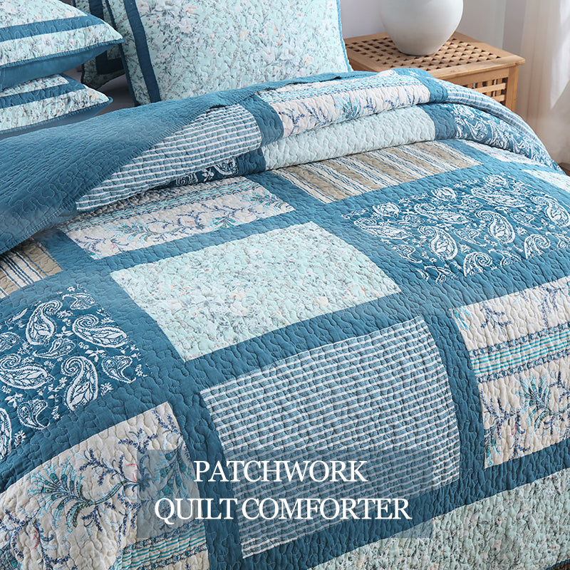 90x98 & 98x106 3 pièces Teal Blue Patchwork Comforter Set Paisley Floral Stripe Print