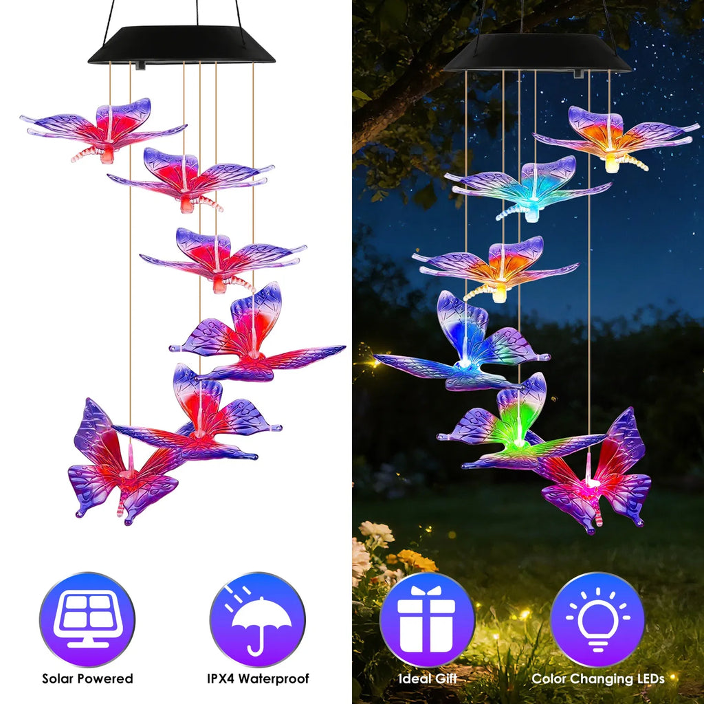 Chimes de vent solaire extérieur avec conception papillon