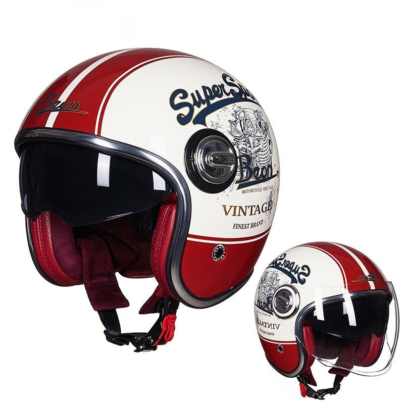 BEON Double Lens Moto Casque Hommes et Femmes Quatre Saisons Demi Casque Couvert Elec