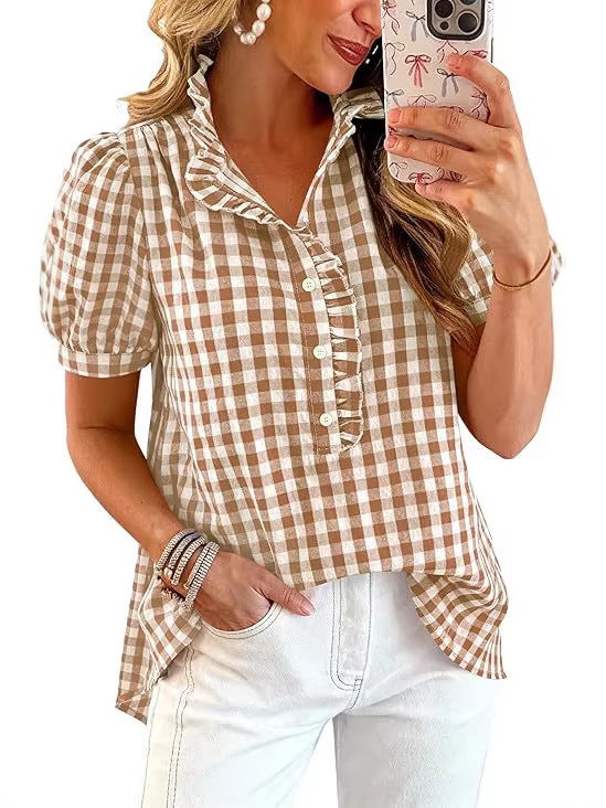 Chemise à manches courtes à manches courtes à manches courtes avec boutons en V-Neck
