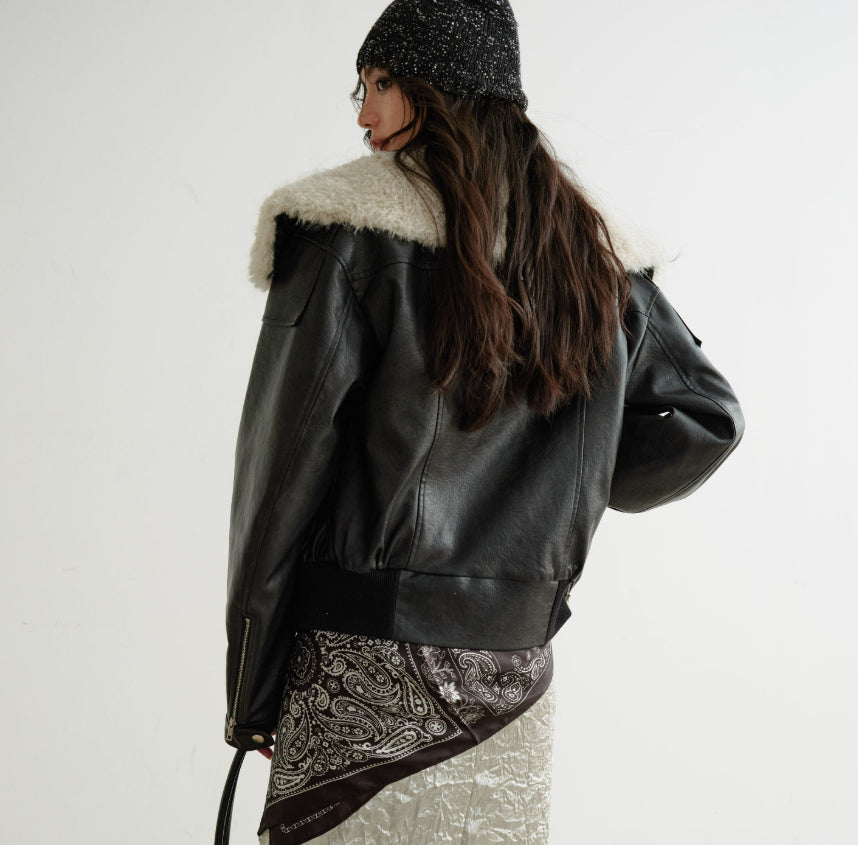 Bloqué de couleur Relaxed-fit PU Faux Cuir noir Turtleneck Veste