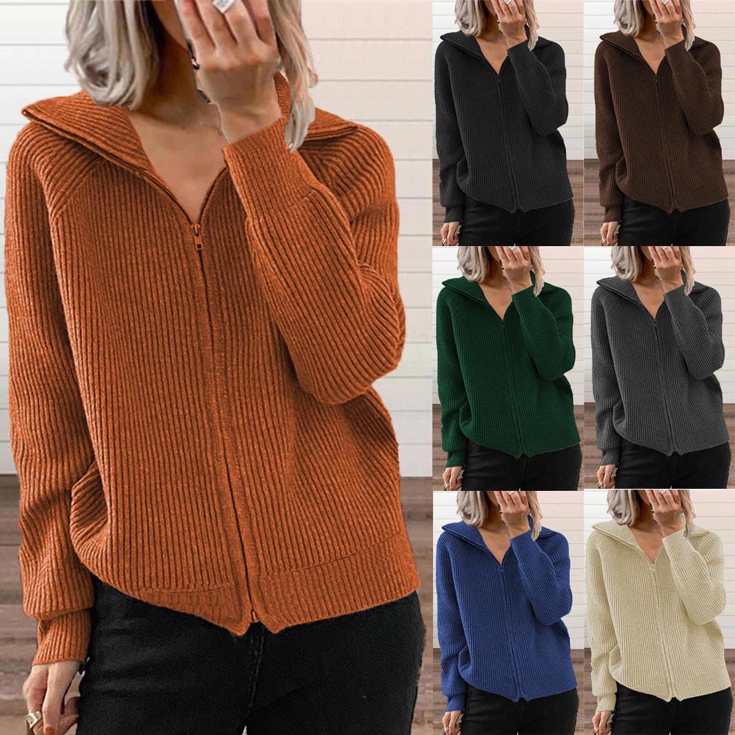 Femmes côtelé tricot Zip Up Cardigan Sweater Lapel Collar Long Sleeve Veste casual avec pock
