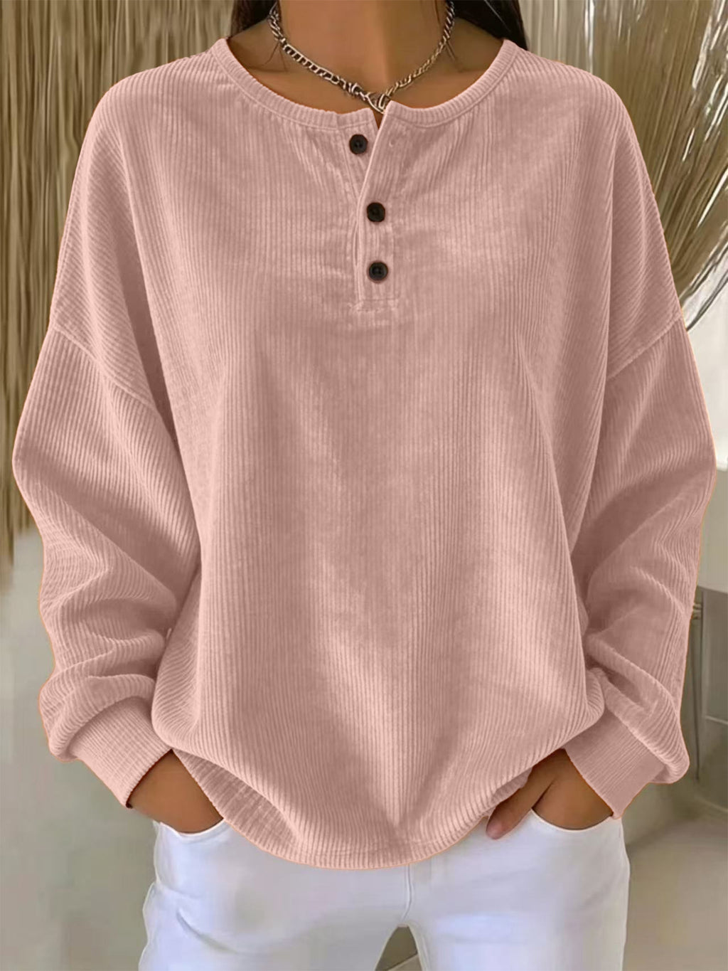 Sweat-shirt à boutons en couleur unie pour femmes