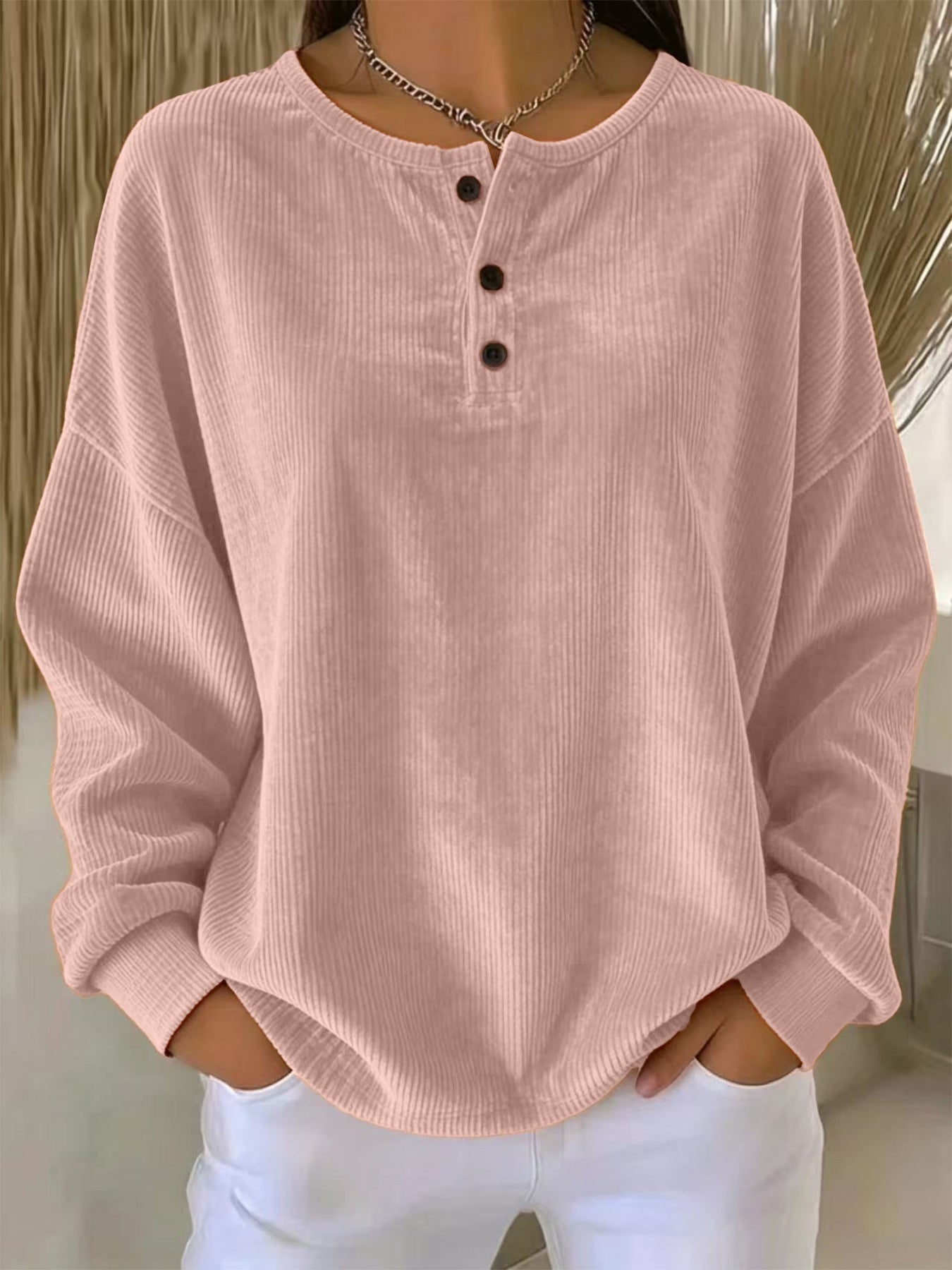 Sweat-shirt à boutons en couleur unie pour femmes