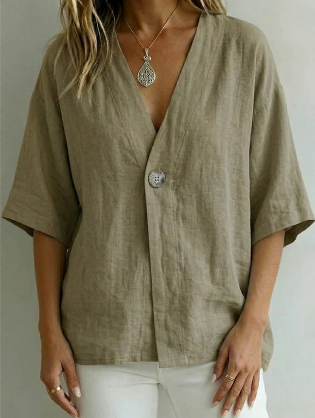 PrintempsÉté Femmes Casual Loose-Fit Solid-Color V-Neck Top avec Boutons