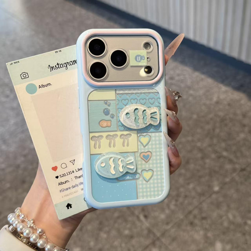 Coeur Plaid en bloc de couleur et cas de téléphone de poisson 3D