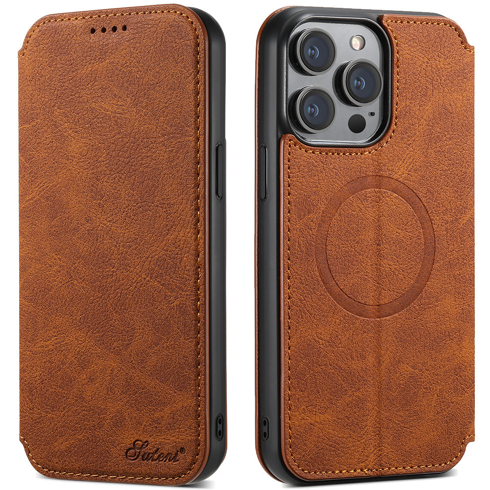 Boîtier de téléphone de protection sans fil de chargeur magnétique en cuir