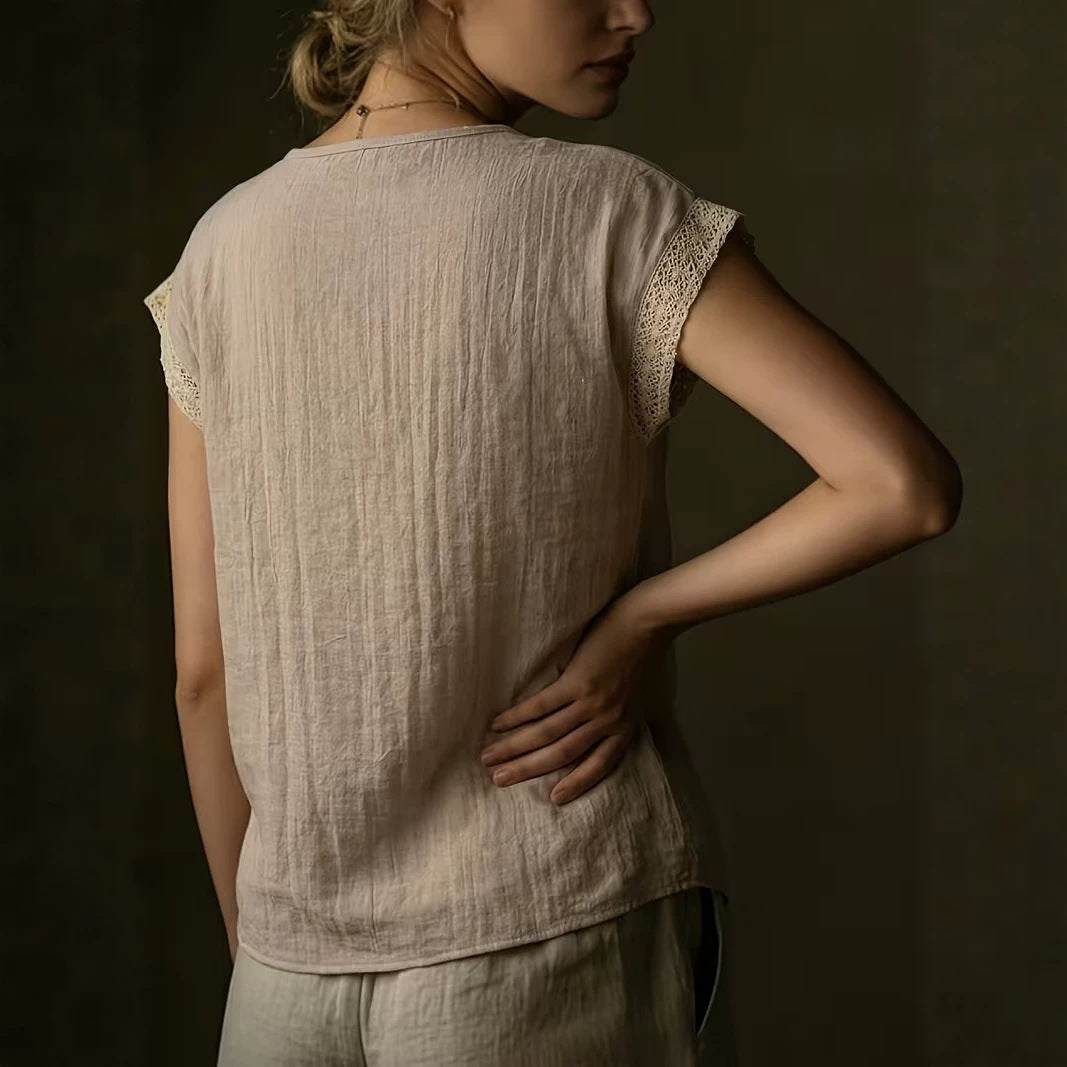 Haut à col V en dentelle vintage