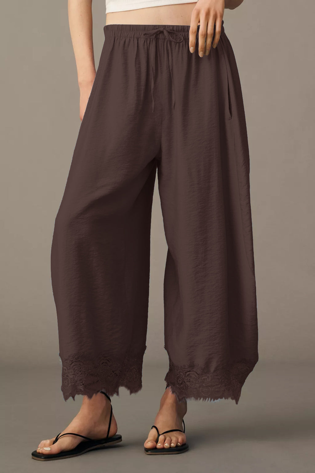 Women's Lace Paneled Wide-Leg Pants with a Burnt Hem