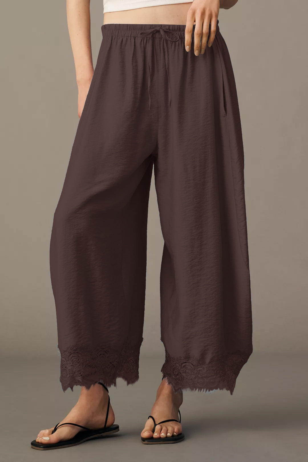 Women's Lace Paneled Wide-Leg Pants with a Burnt Hem
