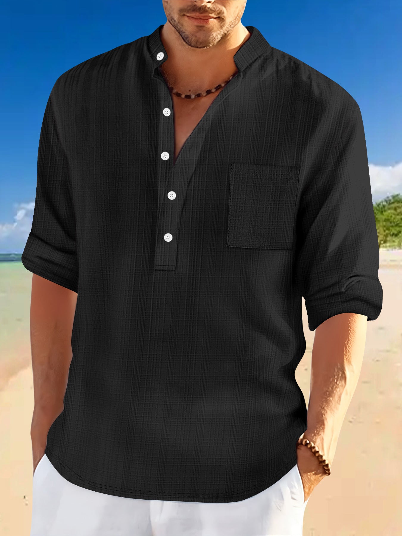 Homme Arrivée Stand-Collar Bamboo-Blend Loose-Fit chemise à manches longues