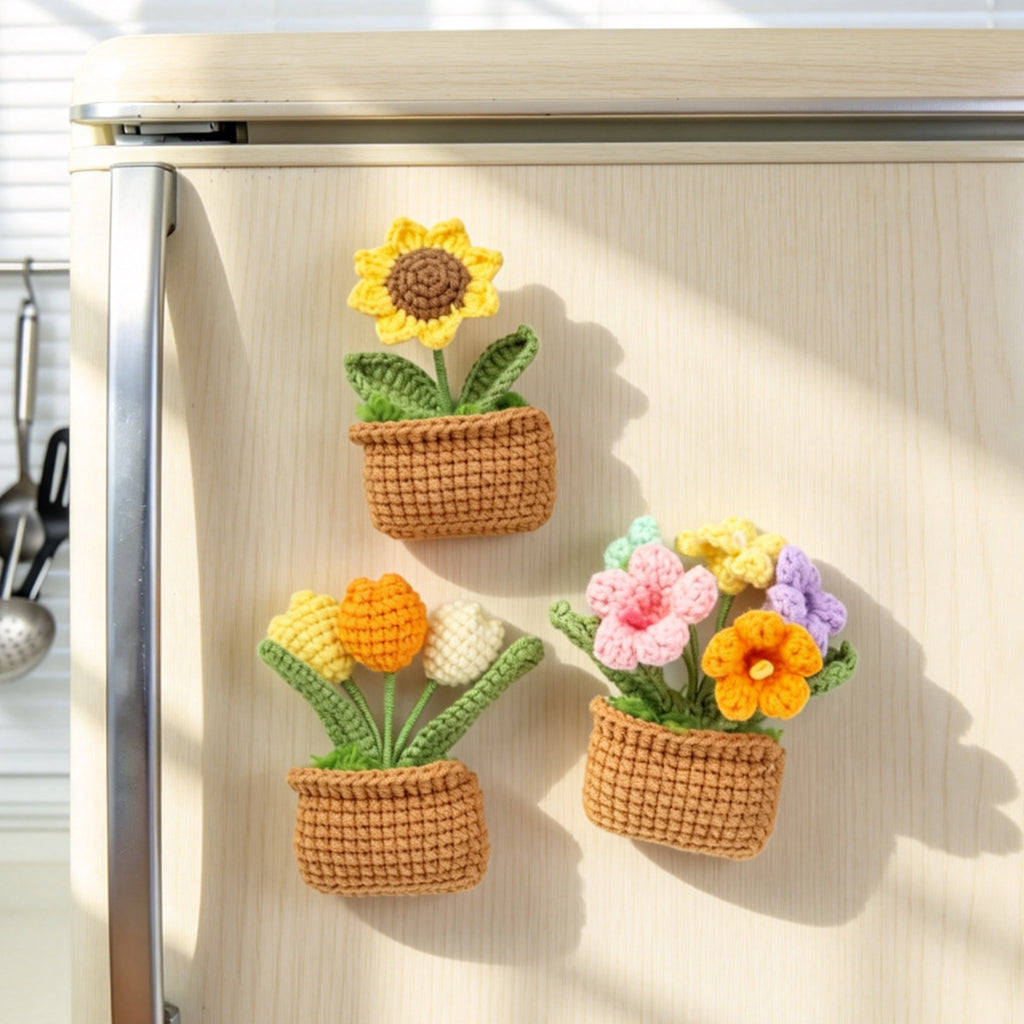 Crochet à la main carré pot vert plante ensemble trois pièces avec lavande multicolore Tulip V
