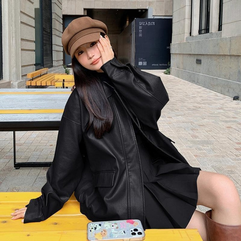 Moto en cuir Jacke femmes style américain Retro Top pour printemps et automne