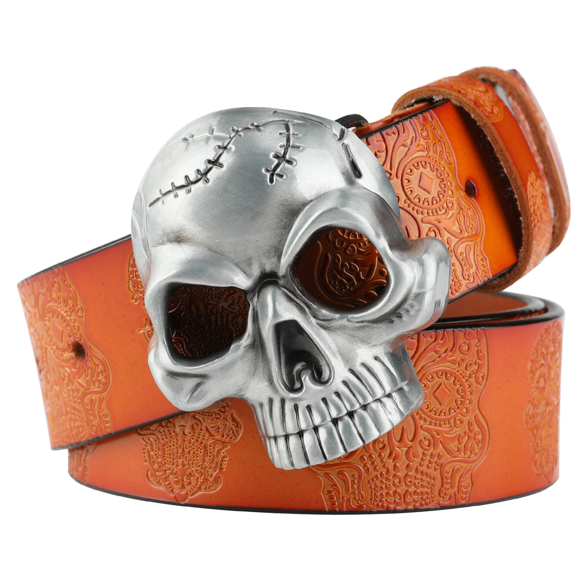 Ceinture en cuir avec tête de fantôme embossée et boucle de crâne lisse