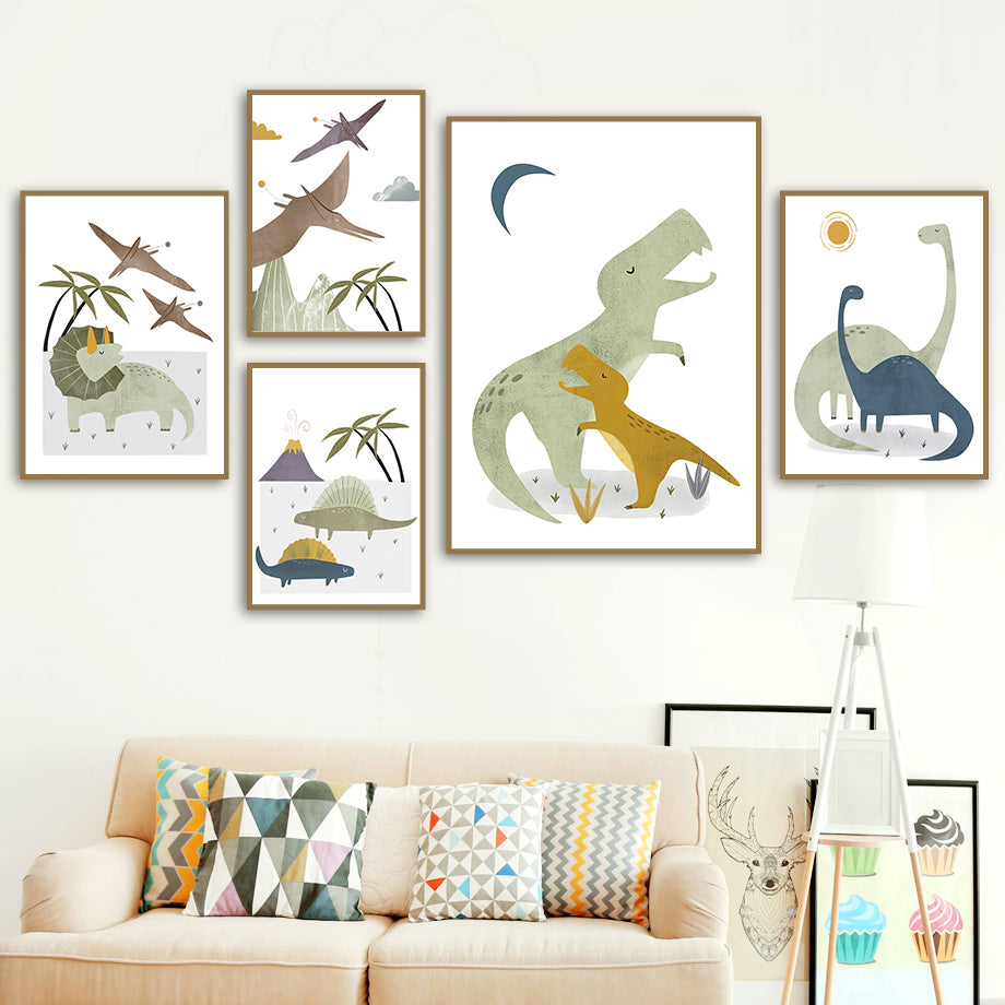 Cute Cartoon Dinosaur Palm Tree Mountain Sun Affiche scandinave et papier toile d'art murale