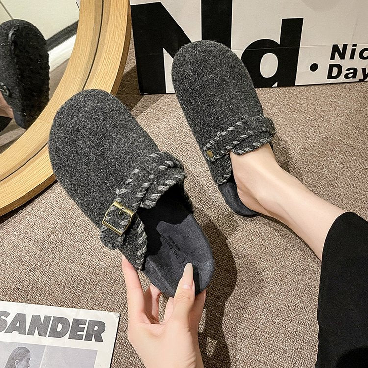 Femmes Laine de base épaisse Birken demi-paquet Pantoufles Buckle Strap Feutre Suede chaud Furry Coton