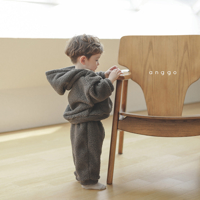 Costume en peluche souple pour enfants Garçons et filles Chaud et épais Pantalon à capuche deux pièces Su