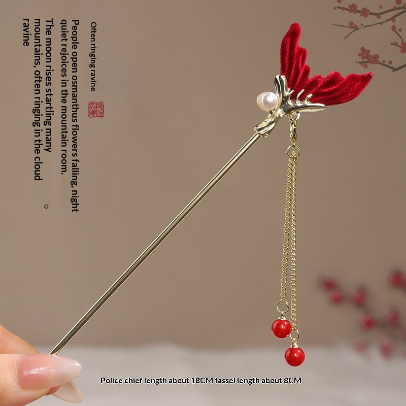AutumnWinter Flocked Red Flower Hair Stick for Women Ma Mian Style