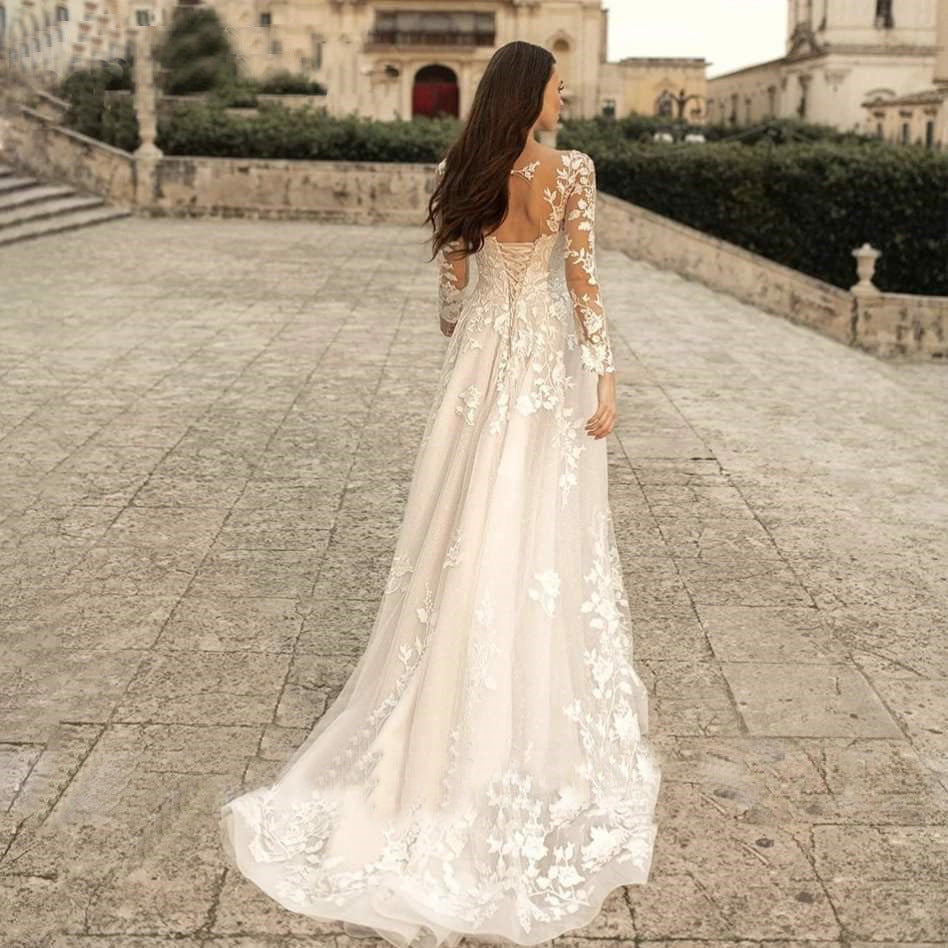 Robe de mariée à manches longues Mori Style nuptiale simple col rond