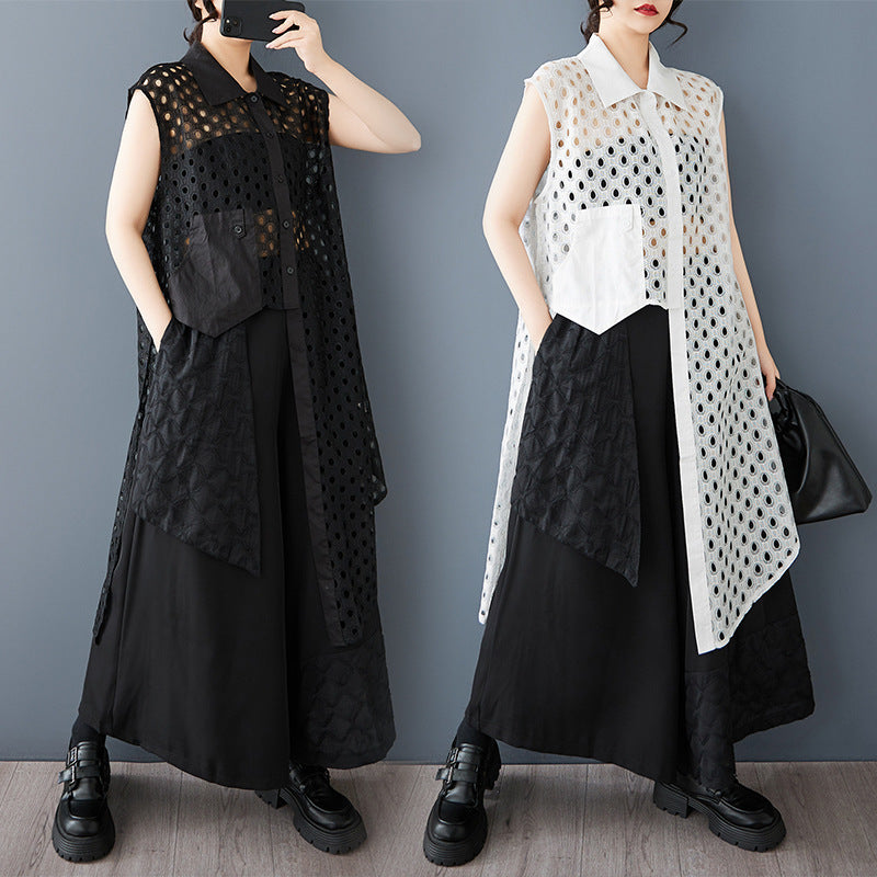 Robe de chemise sans manches en mesh de taille Plus