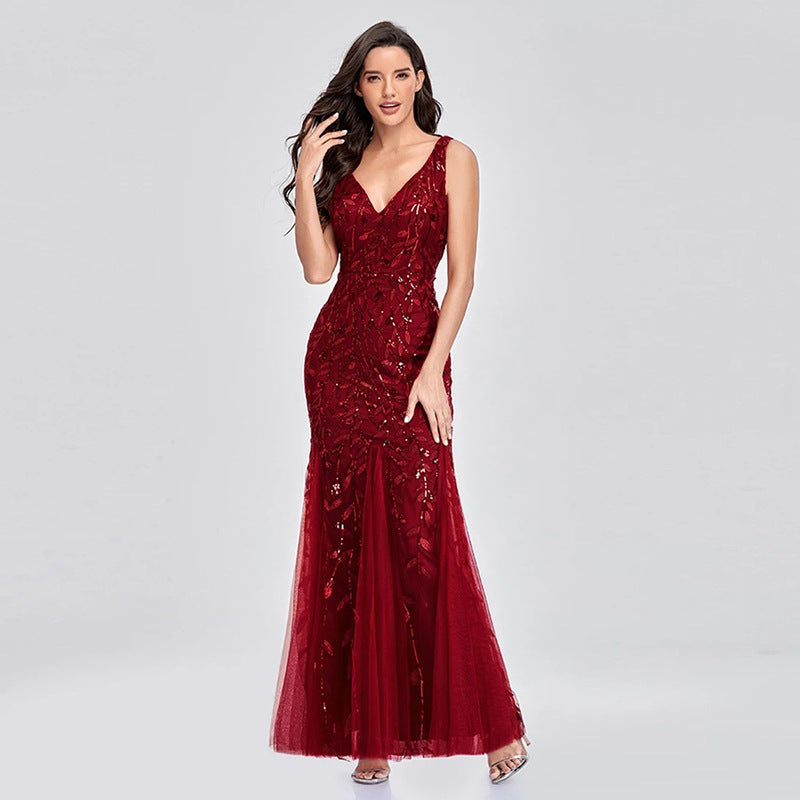 Robe de soirée européenne et américaine Col V Tulle Brodé Paillettes Sexy Sirène Prom Dre