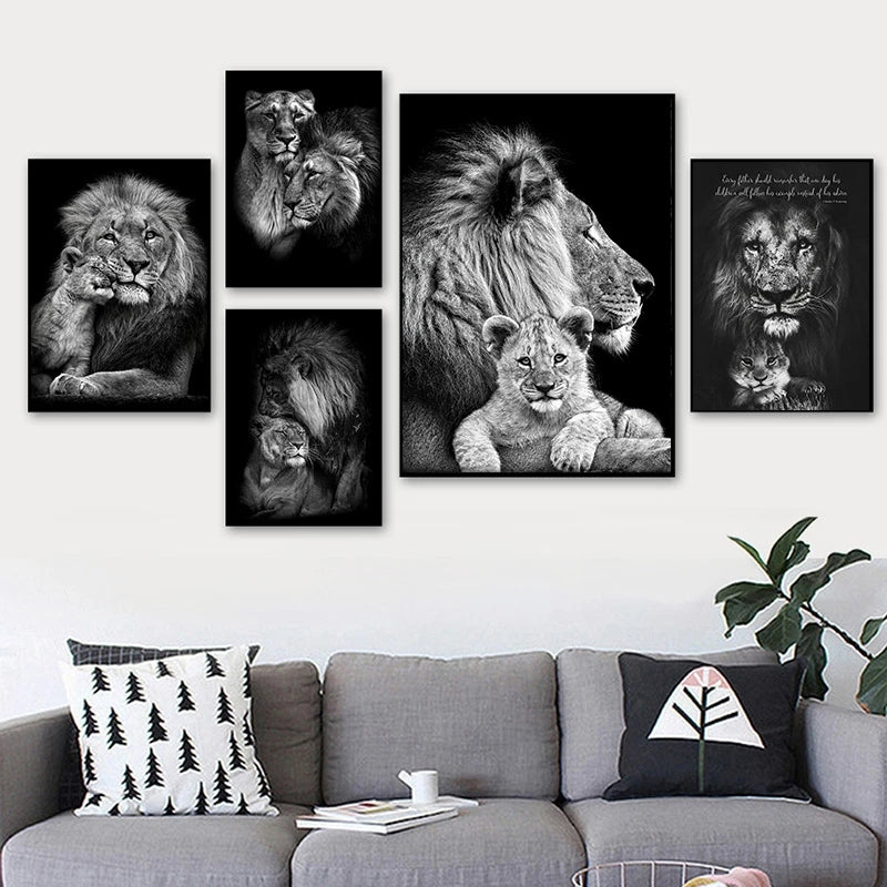 Affiche de la famille Lion noir et blanc
