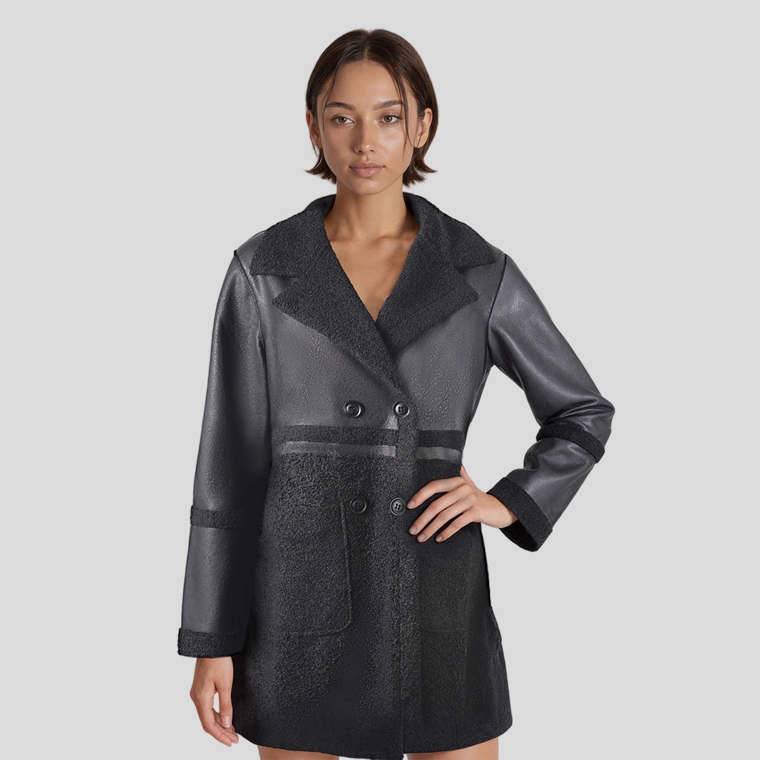 Veste en cuir mi-long pour femmes avec patchwork et design bidirectionnel