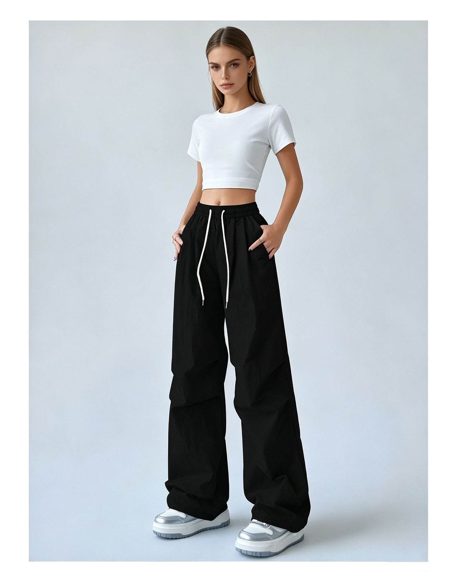 Pantalon de Paratrooper Wide-Leg à séchage rapide pour les femmes avec une taille élastique et un cordon de chargement