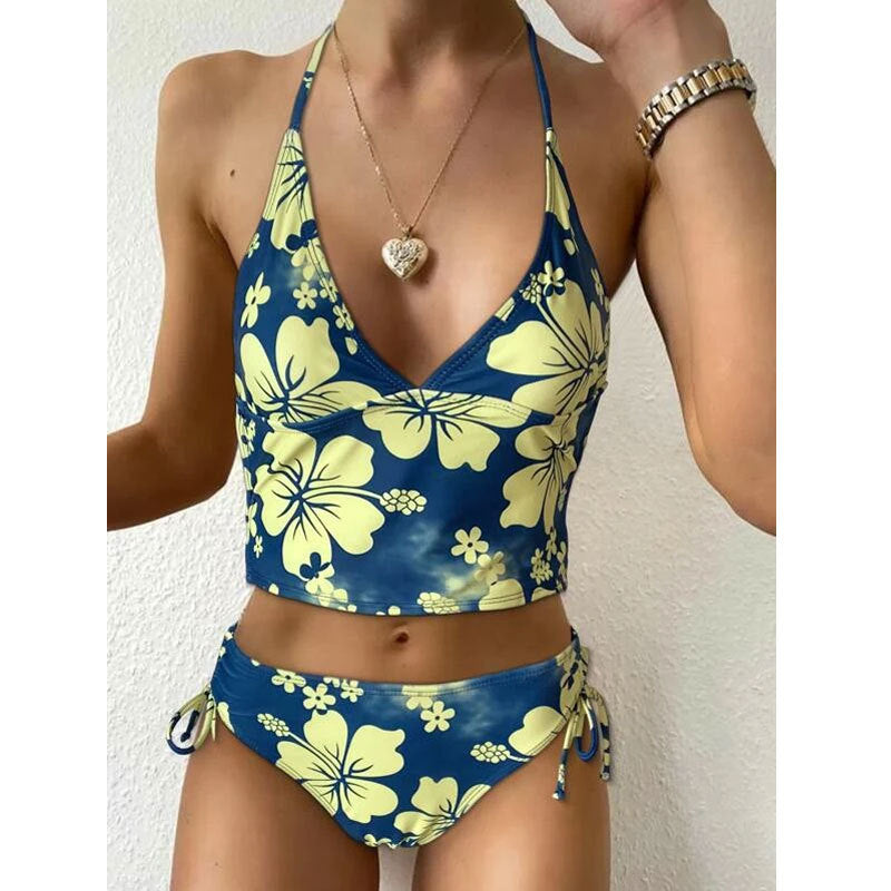 Maillot de bain en bikini à haute hauteur imprimé floral féminin