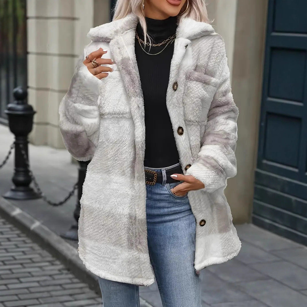 Femmes Automnehiver Lambswool Lapel Enduit à manches longues en Plaid Casual