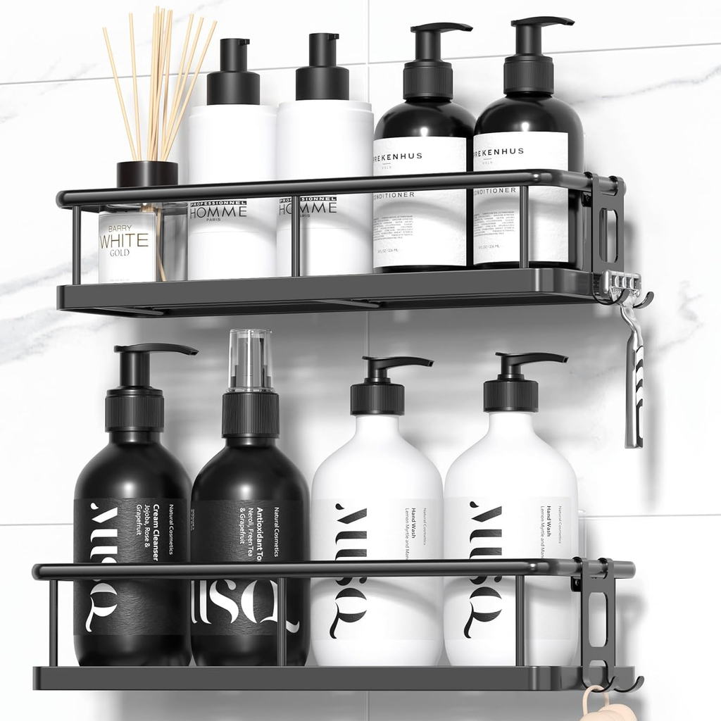 2 Pack noir douche adhésif Caddy Rustproof Grande capacité étagères de douche sans percement Bathro