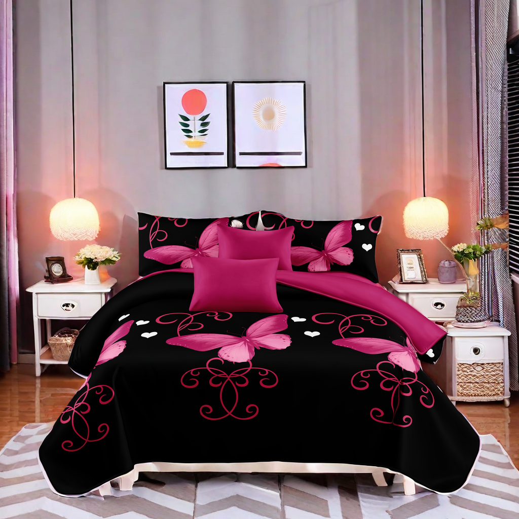 9-Piece violet et papillon noir couvre-lit et rideau