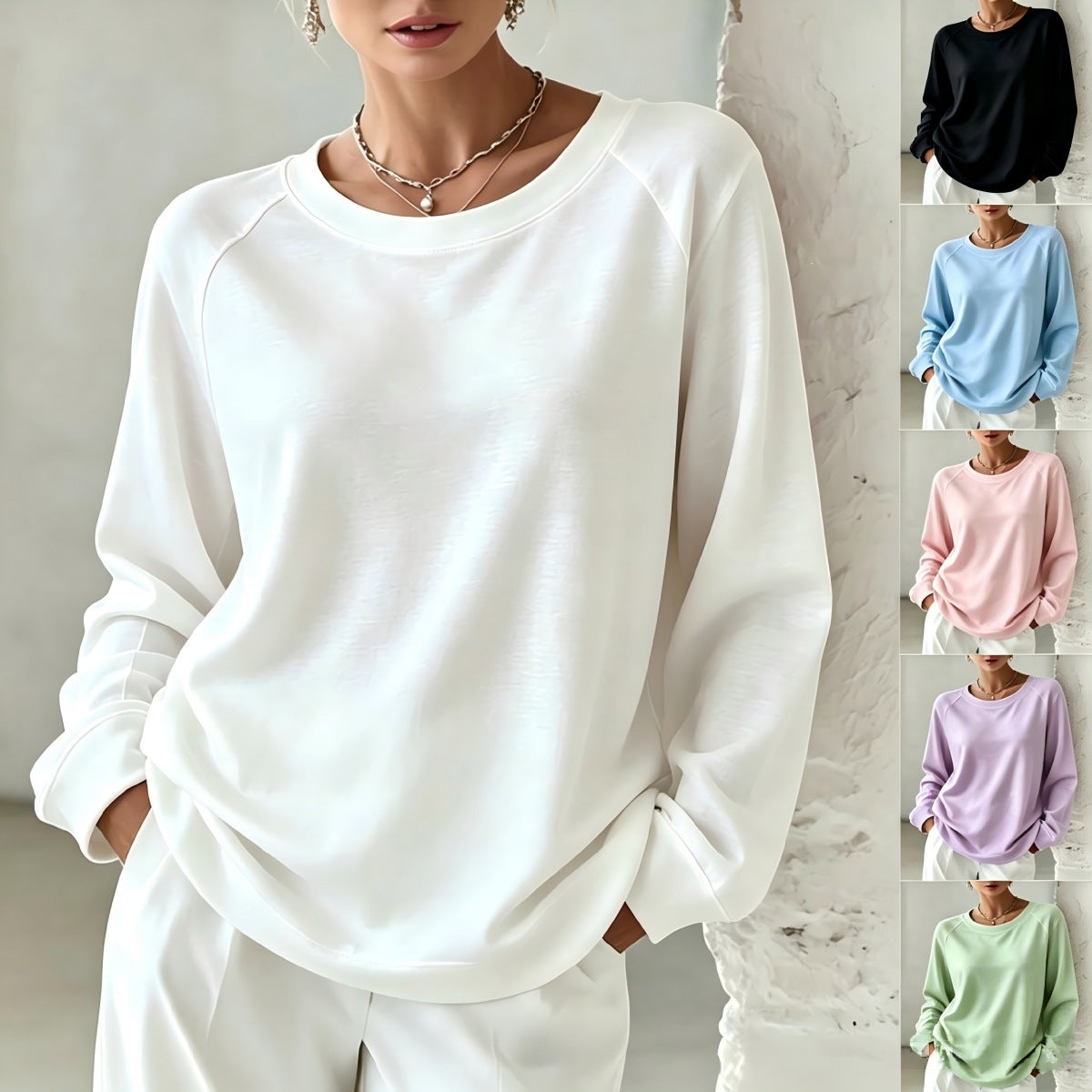 Doucement coloré Loose-fitting Col rond Casual à manches longues Hoodie féminine