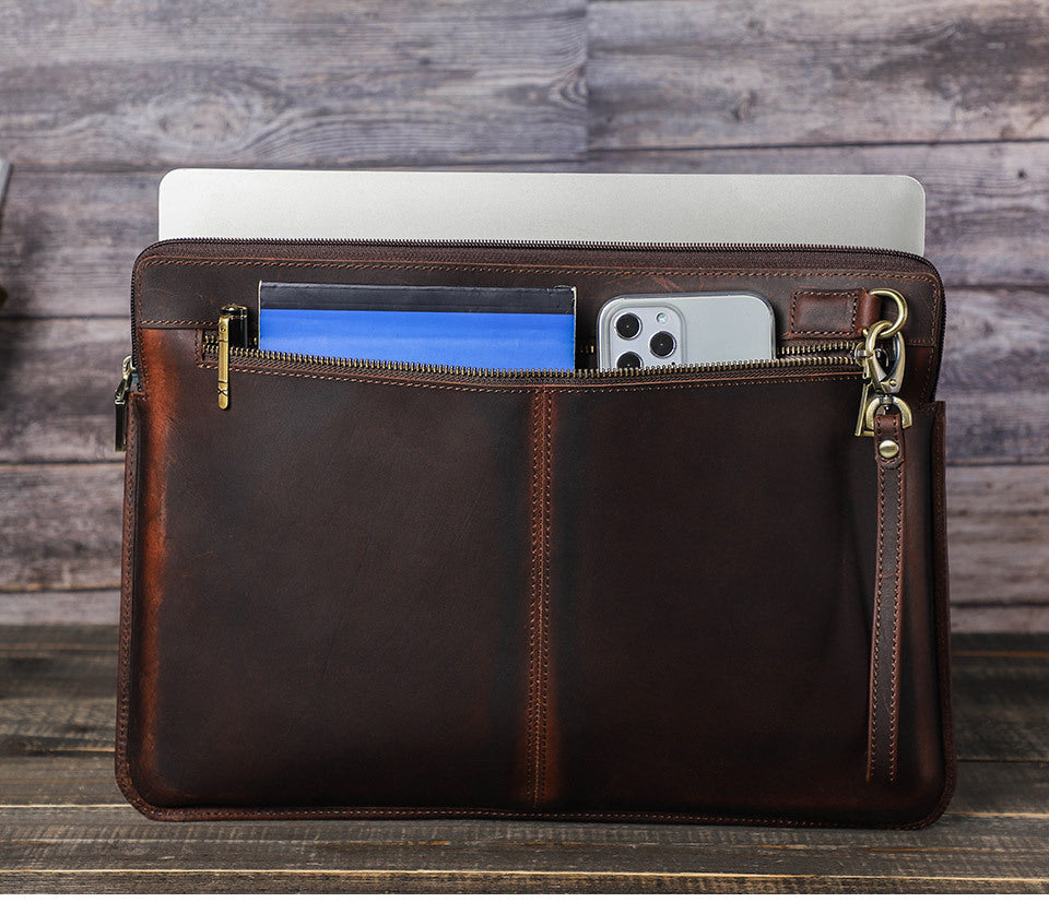 Retro Crazy Horse Carnet de notes en cuir Zipper Computer Bag