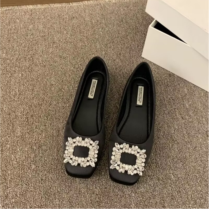 Femmes Sparkling Square Strass Buckle Square Toe Flats Loafers