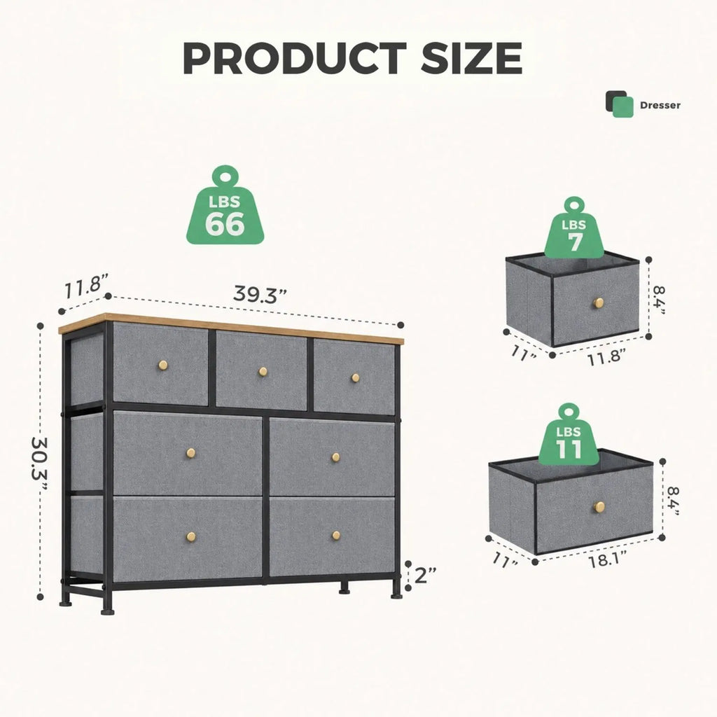 Dressing en tissu 7 tiroirs avec plateau en bois massif