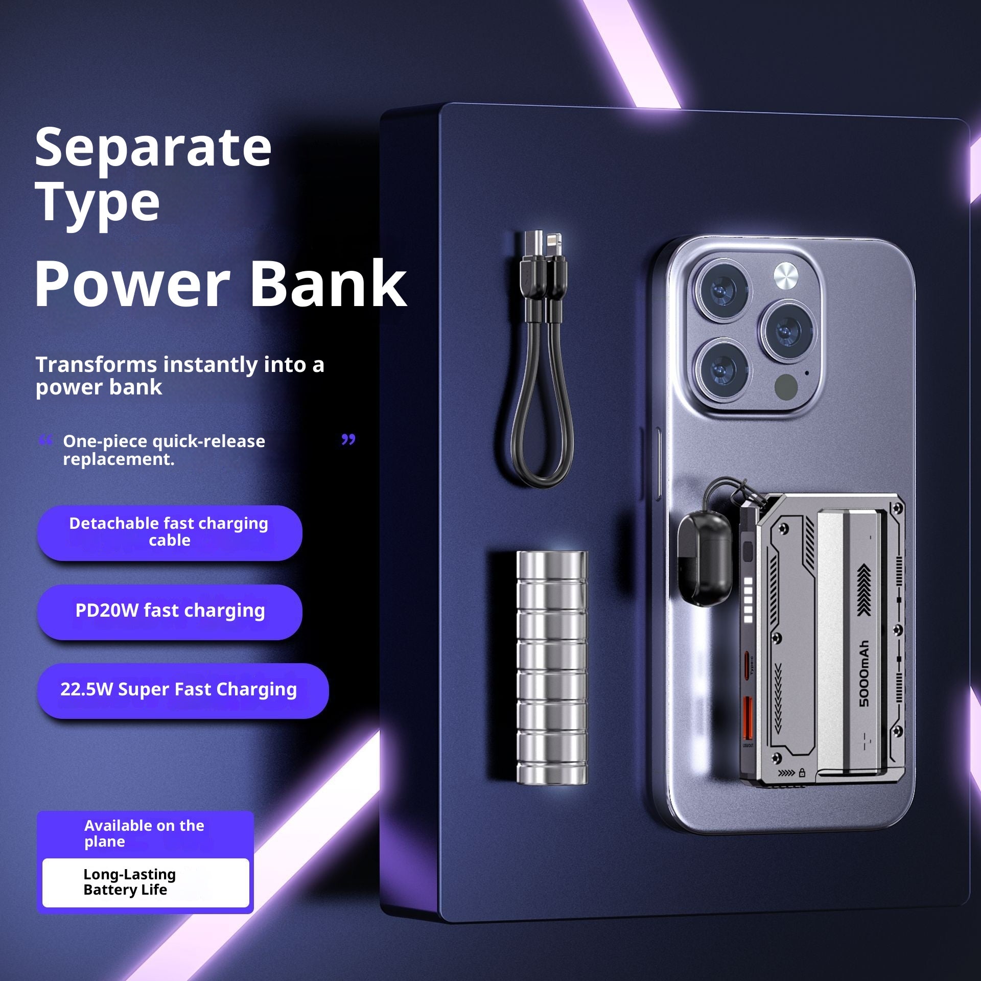 Détachable Mobile Power Cylinder Cell Mini Style Type de séparation élastique Power Bank