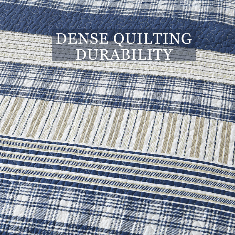 Cotton Reversible Quilt Bedspread Set Nautical Classic Stripe Navy Blue Beige Windowpane C