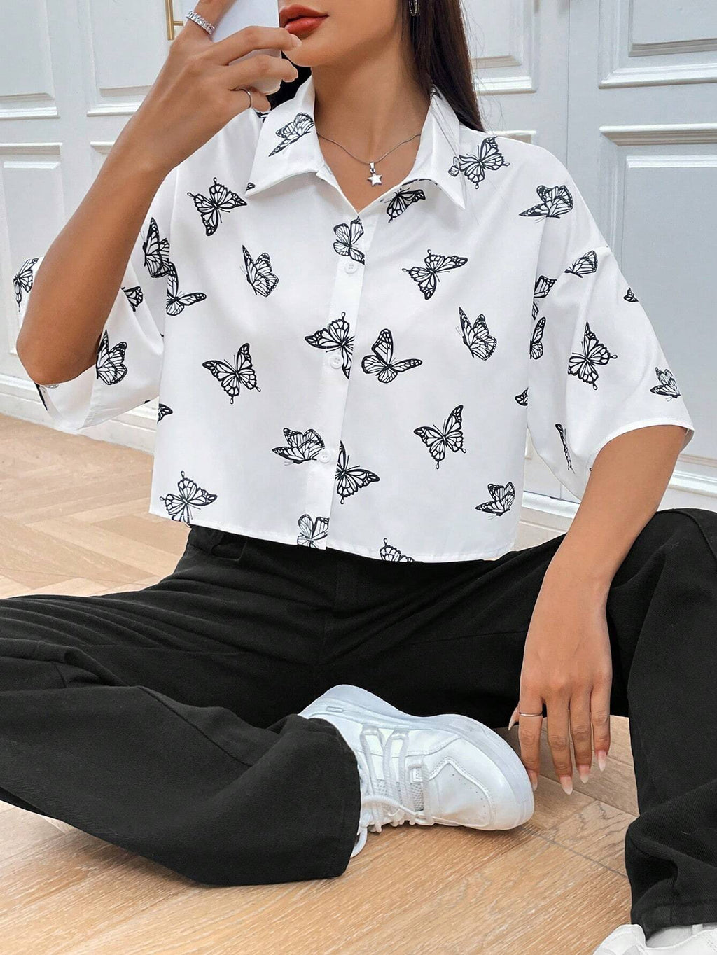 Vêtements pour femmes Amazon TEMU Mode Imprimé Niche à manches courtes Imprimé Butterfly Shirt W